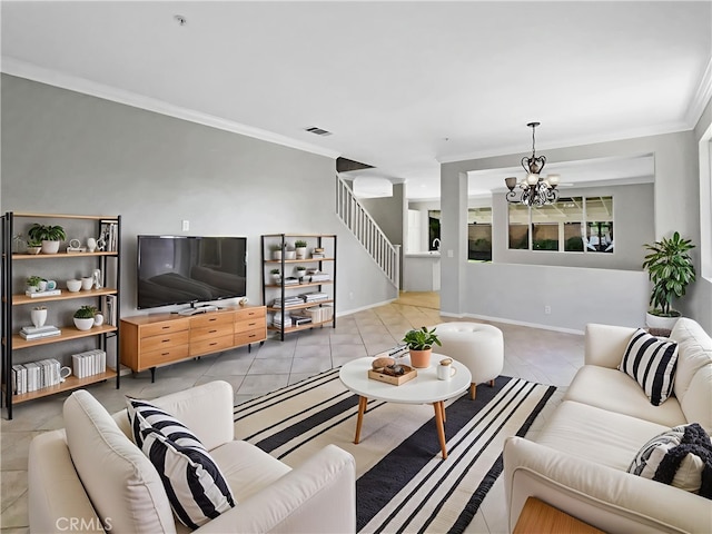 7411 Bull Run Pl, Fontana, CA 92336 - living area featuring a chandelier, stairs, light tile patterned floors, crown molding, and baseboards