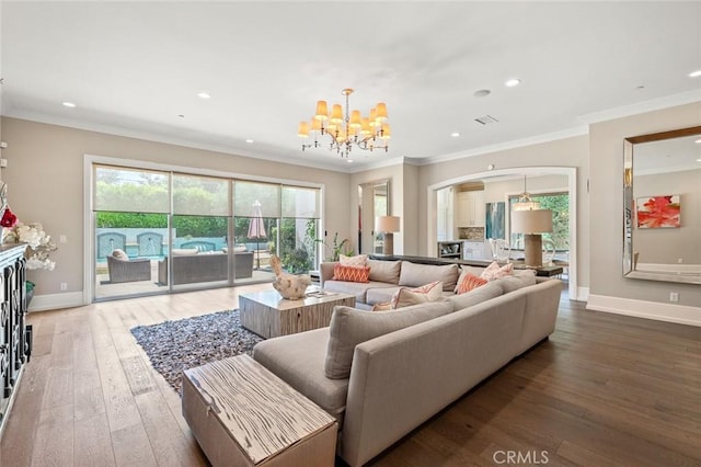 2108 S 2nd Ave, Arcadia, CA 91006 - living area featuring a chandelier, wood-type flooring, arched walkways, recessed lighting, and crown molding