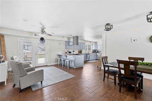 4198 Woodland St, Santa Maria, CA 93455 - living area featuring dark wood-style flooring, a ceiling fan, recessed lighting, and baseboards