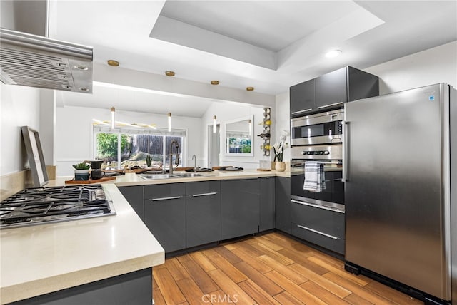 18165 Sharon Cir, Yorba Linda, CA 92886 - kitchen with appliances with stainless steel finishes, gray cabinetry, a tray ceiling, light wood-type flooring, and ventilation hood