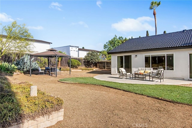 18165 Sharon Cir, Yorba Linda, CA 92886 - rear view of property with an outdoor hangout area, a gazebo, a tiled roof, stucco siding, and a patio