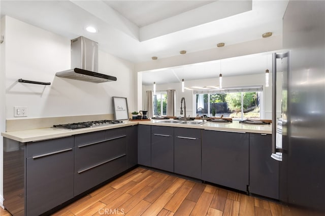 18165 Sharon Cir, Yorba Linda, CA 92886 - kitchen with island range hood, gray cabinetry, appliances with stainless steel finishes, light wood-style flooring, and recessed lighting