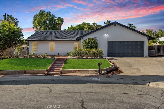 18165 Sharon Cir, Yorba Linda, CA 92886 - single story home featuring stucco siding, a tile roof, a front yard, concrete driveway, and a garage