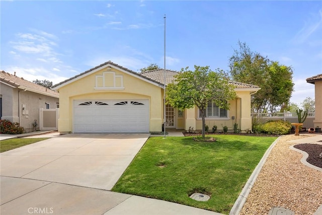 39798 Fairview Ct, Murrieta, CA 92563 - view of front of home featuring an attached garage, concrete driveway, stucco siding, a front yard, and a tiled roof