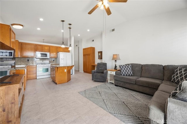 39798 Fairview Ct, Murrieta, CA 92563 - living area featuring ceiling fan, recessed lighting, and light tile patterned floors