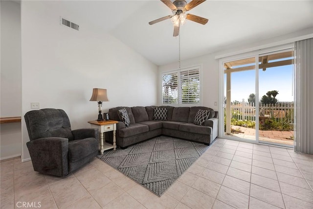 39798 Fairview Ct, Murrieta, CA 92563 - living area with lofted ceiling, light tile patterned flooring, a ceiling fan, and baseboards