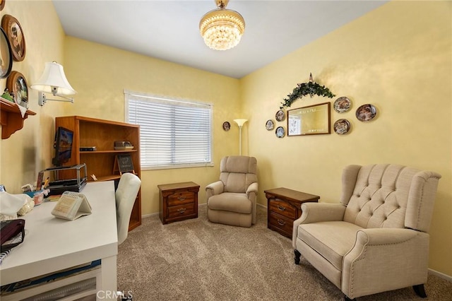 39798 Fairview Ct, Murrieta, CA 92563 - office area featuring carpet flooring, baseboards, and a chandelier