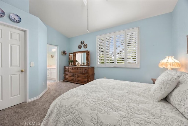 39798 Fairview Ct, Murrieta, CA 92563 - bedroom featuring carpet floors, lofted ceiling, baseboards, and ensuite bathroom