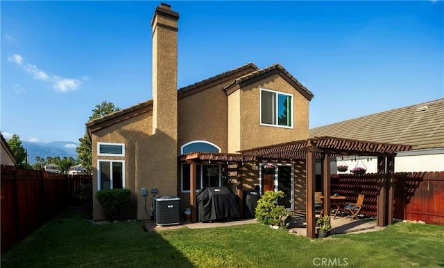 11103 Muirfield Dr, Rancho Cucamonga, CA 91730 - rear view of house with a pergola, cooling unit, a chimney, a patio, and stucco siding