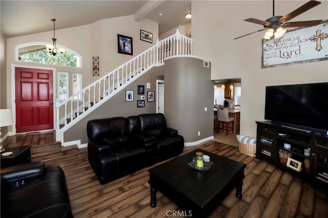 11103 Muirfield Dr, Rancho Cucamonga, CA 91730 - living room featuring wood finished floors, a chandelier, high vaulted ceiling, healthy amount of natural light, and stairway