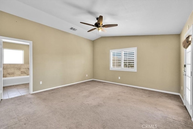 63357 Uranium Rd, Joshua Tree, CA 92252 - unfurnished room with carpet, a ceiling fan, baseboards, and lofted ceiling