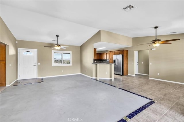 63357 Uranium Rd, Joshua Tree, CA 92252 - unfurnished living room featuring ceiling fan, lofted ceiling, and baseboards