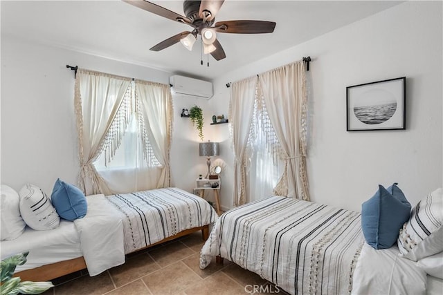 55436 Cone Blvd, Landers, CA 92285 - tiled bedroom featuring a wall unit AC and a ceiling fan