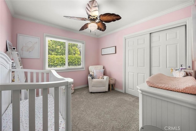 20660 Calle Feliz, Yorba Linda, CA 92886 - bedroom with light carpet, ornamental molding, a closet, baseboards, and a crib