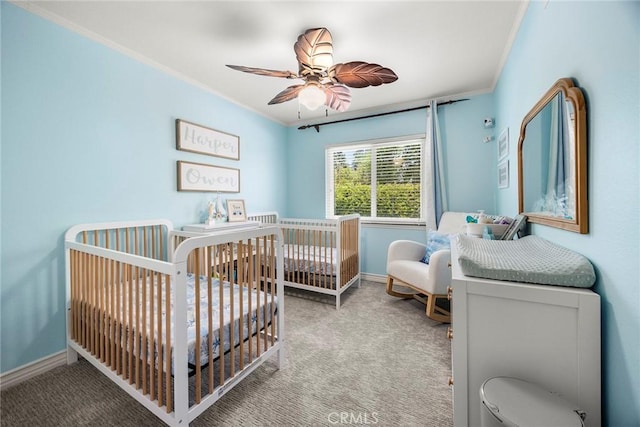 20660 Calle Feliz, Yorba Linda, CA 92886 - carpeted bedroom with crown molding, baseboards, a nursery area, and a ceiling fan