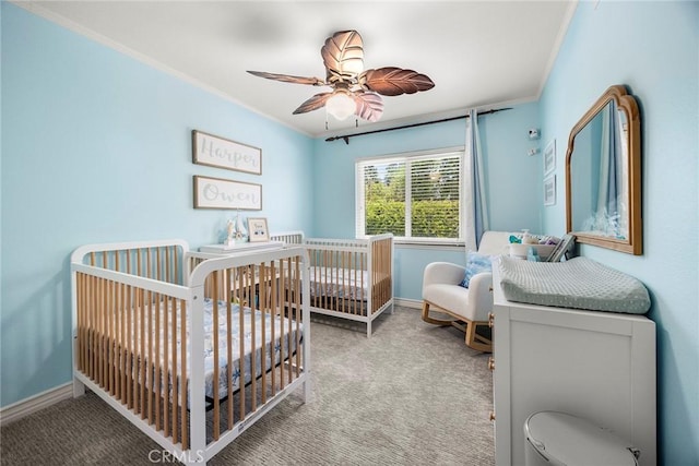 20660 Calle Feliz, Yorba Linda, CA 92886 - carpeted bedroom with ornamental molding, a crib, and ceiling fan