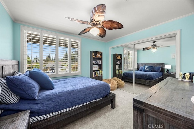 20660 Calle Feliz, Yorba Linda, CA 92886 - bedroom with crown molding, multiple windows, carpet flooring, ceiling fan, and a closet