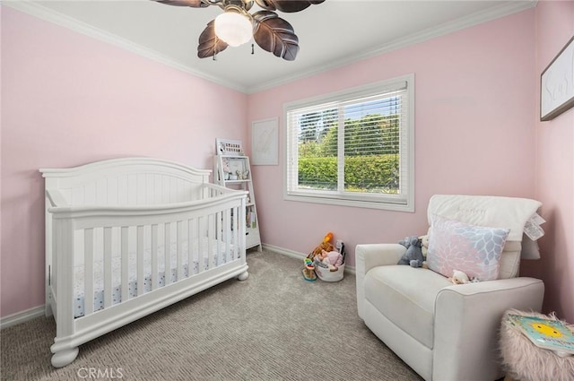 20660 Calle Feliz, Yorba Linda, CA 92886 - bedroom featuring carpet, a crib, ornamental molding, and ceiling fan