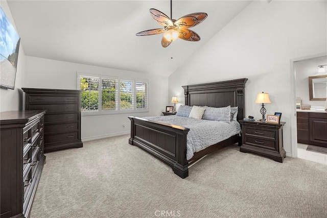 20660 Calle Feliz, Yorba Linda, CA 92886 - bedroom with light colored carpet, high vaulted ceiling, ensuite bathroom, and ceiling fan