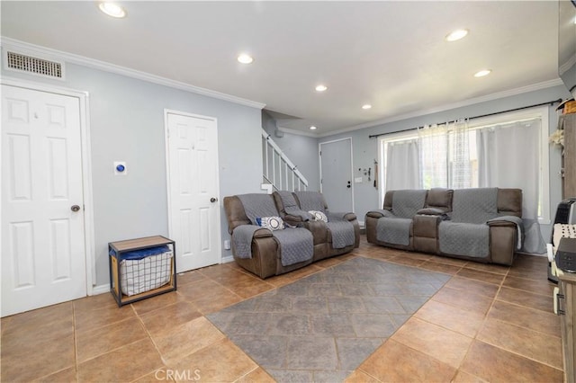 8568 Century Blvd Unit B, Paramount, CA 90723 - living area with crown molding, stairway, recessed lighting, tile patterned floors, and baseboards