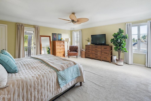 1338 Carmen Dr, Glendale, CA 91207 - bedroom featuring multiple windows, carpet floors, access to exterior, and a ceiling fan