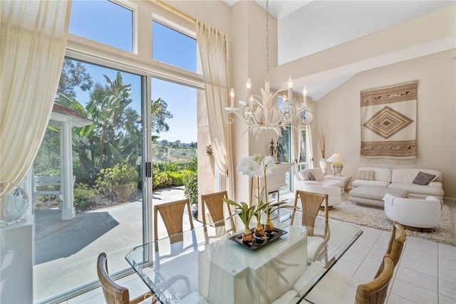 48 Siena, Laguna Niguel, CA 92677 - dining room with high vaulted ceiling, tile patterned floors, and a chandelier