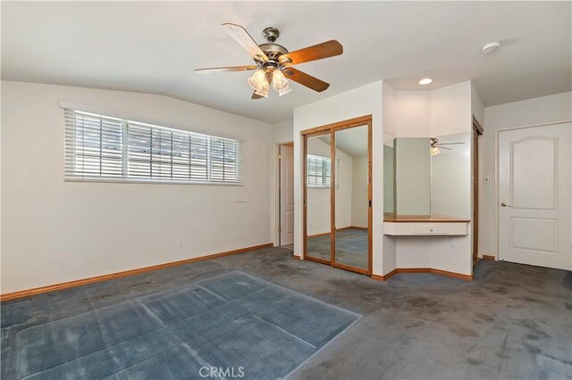 1825 Leola St, Lomita, CA 90717 - unfurnished bedroom featuring carpet flooring, baseboards, lofted ceiling, and a ceiling fan