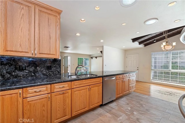 1825 Leola St, Lomita, CA 90717 - kitchen with stainless steel dishwasher, a sink, recessed lighting, tasteful backsplash, and dark stone countertops