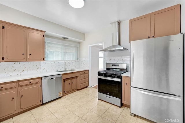 142 S Ardmore Ave, Los Angeles, CA 90004 - kitchen with appliances with stainless steel finishes, a sink, wall chimney exhaust hood, tasteful backsplash, and light countertops