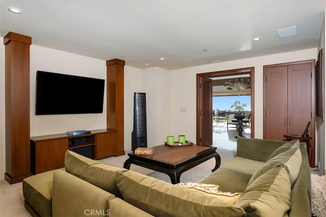 32661 Caribbean Dr, Dana Point, CA 92629 - living area featuring light carpet, decorative columns, and recessed lighting