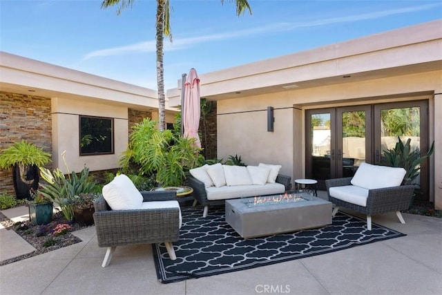 32661 Caribbean Dr, Dana Point, CA 92629 - view of patio / terrace featuring french doors and an outdoor living space with a fire pit