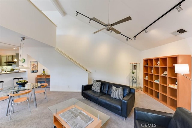 796 Via Colinas, Thousand Oaks, CA 91362 - carpeted living room with track lighting, ceiling fan, and high vaulted ceiling