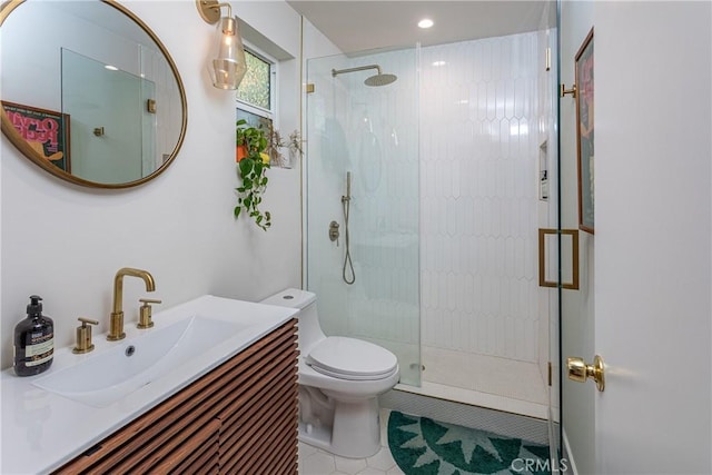 16733 Archwood St, Van Nuys, CA 91406 - bathroom featuring a shower stall, tile patterned flooring, toilet, and vanity