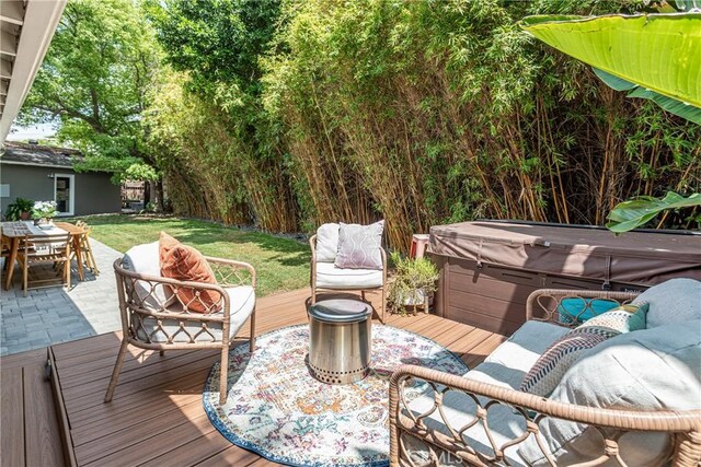 16733 Archwood St, Van Nuys, CA 91406 - wooden deck featuring a hot tub and outdoor dining space