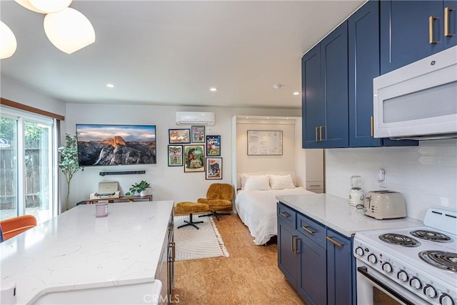 16733 Archwood St, Van Nuys, CA 91406 - kitchen featuring white appliances, a wall unit AC, blue cabinets, tasteful backsplash, and open floor plan