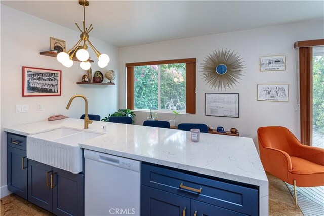 16733 Archwood St, Van Nuys, CA 91406 - kitchen featuring dishwasher, a sink, blue cabinetry, a peninsula, and pendant lighting