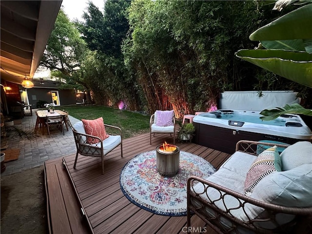 16733 Archwood St, Van Nuys, CA 91406 - wooden deck with outdoor dining area, a hot tub, an outdoor fire pit, and a patio area