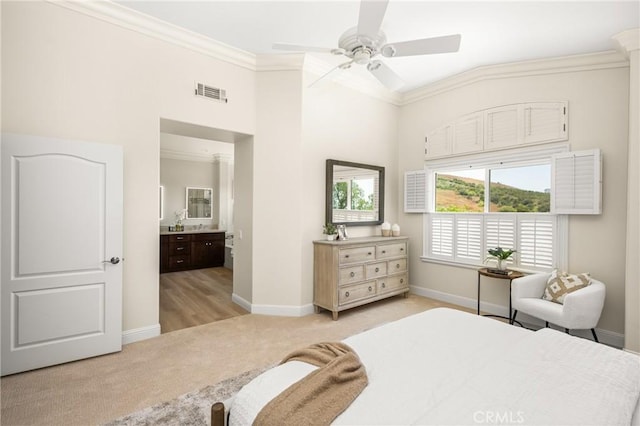 14 Celonova Pl, Lake Forest, CA 92610 - bedroom featuring light colored carpet, crown molding, ensuite bathroom, ceiling fan, and a towering ceiling