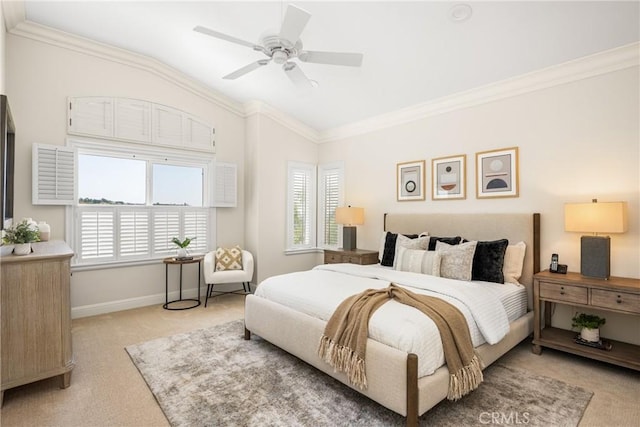14 Celonova Pl, Lake Forest, CA 92610 - bedroom featuring light colored carpet, multiple windows, ornamental molding, lofted ceiling, and a ceiling fan