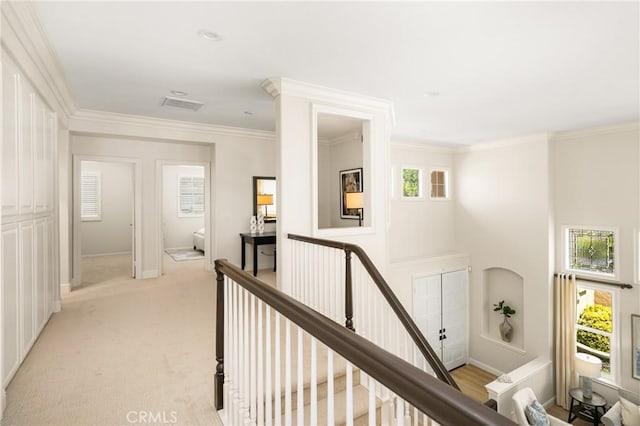 14 Celonova Pl, Lake Forest, CA 92610 - corridor with an upstairs landing, ornamental molding, and light carpet