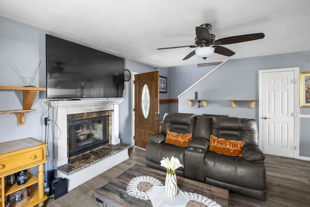 11073 Andrews St, South El Monte, CA 91733 - living area with ceiling fan, a fireplace, and wood finished floors