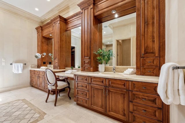 5106 Meadows Del Mar, San Diego, CA 92130 - bathroom with ornamental molding, vanity, baseboards, and recessed lighting