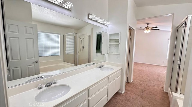 762 Saint James Dr, Corona, CA 92882 - bathroom featuring a stall shower, ceiling fan, double vanity, and a bath