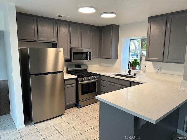 3030 Twincreek Ave, Palmdale, CA 93551 - kitchen with appliances with stainless steel finishes, a sink, a peninsula, light tile patterned flooring, and gray cabinetry