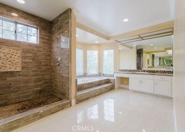 18853 Beechtree Ln, Porter Ranch, CA 91326 - full bathroom featuring ornamental molding, a bath, vanity, tile patterned flooring, and a tile shower
