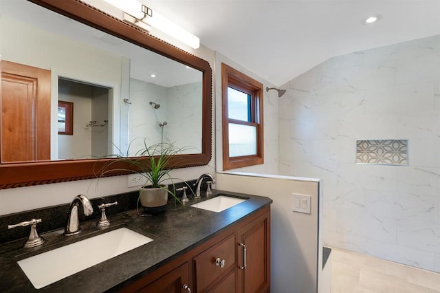2675 Clove St, San Diego, CA 92106 - bathroom with a shower, double vanity, lofted ceiling, and recessed lighting