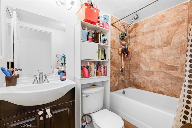 2017 Harvard Dr, Barstow, CA 92311 - bathroom with shower / bath combination with curtain, toilet, and vanity