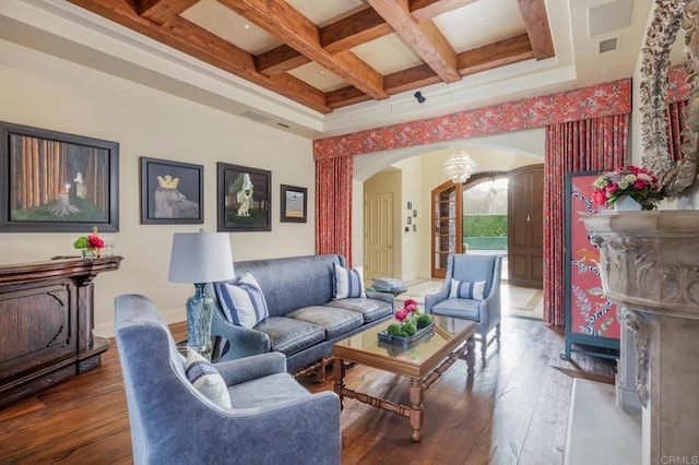 4843 La Jacaranda, Rancho Santa Fe, CA 92067 - living room with arched walkways, coffered ceiling, wood-type flooring, beam ceiling, and baseboards