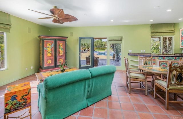 4843 La Jacaranda, Rancho Santa Fe, CA 92067 - tiled living area featuring ceiling fan, recessed lighting, and baseboards