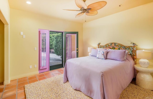4843 La Jacaranda, Rancho Santa Fe, CA 92067 - bedroom featuring access to outside, light tile patterned flooring, a ceiling fan, baseboards, and recessed lighting